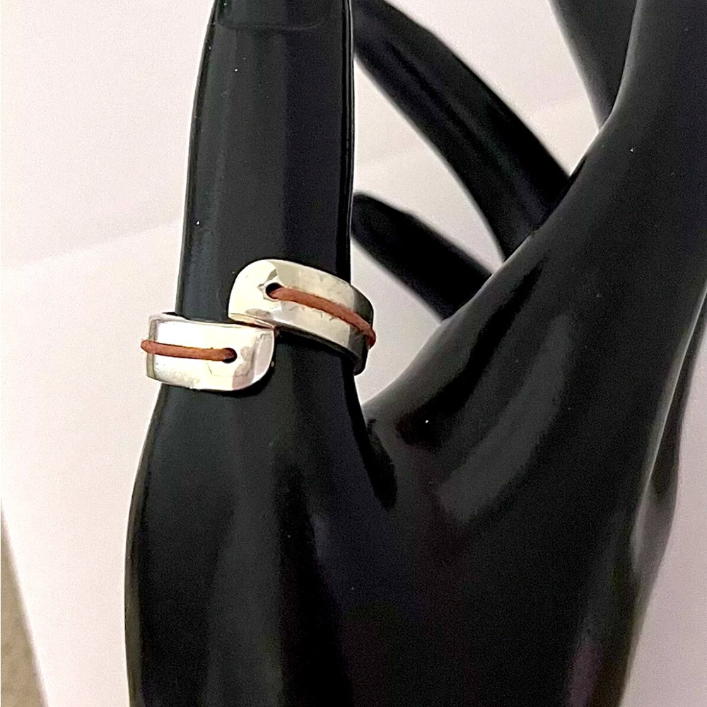 Signed Y Sterling Silver 925 Modernist Red Leather Band Ring Size 9